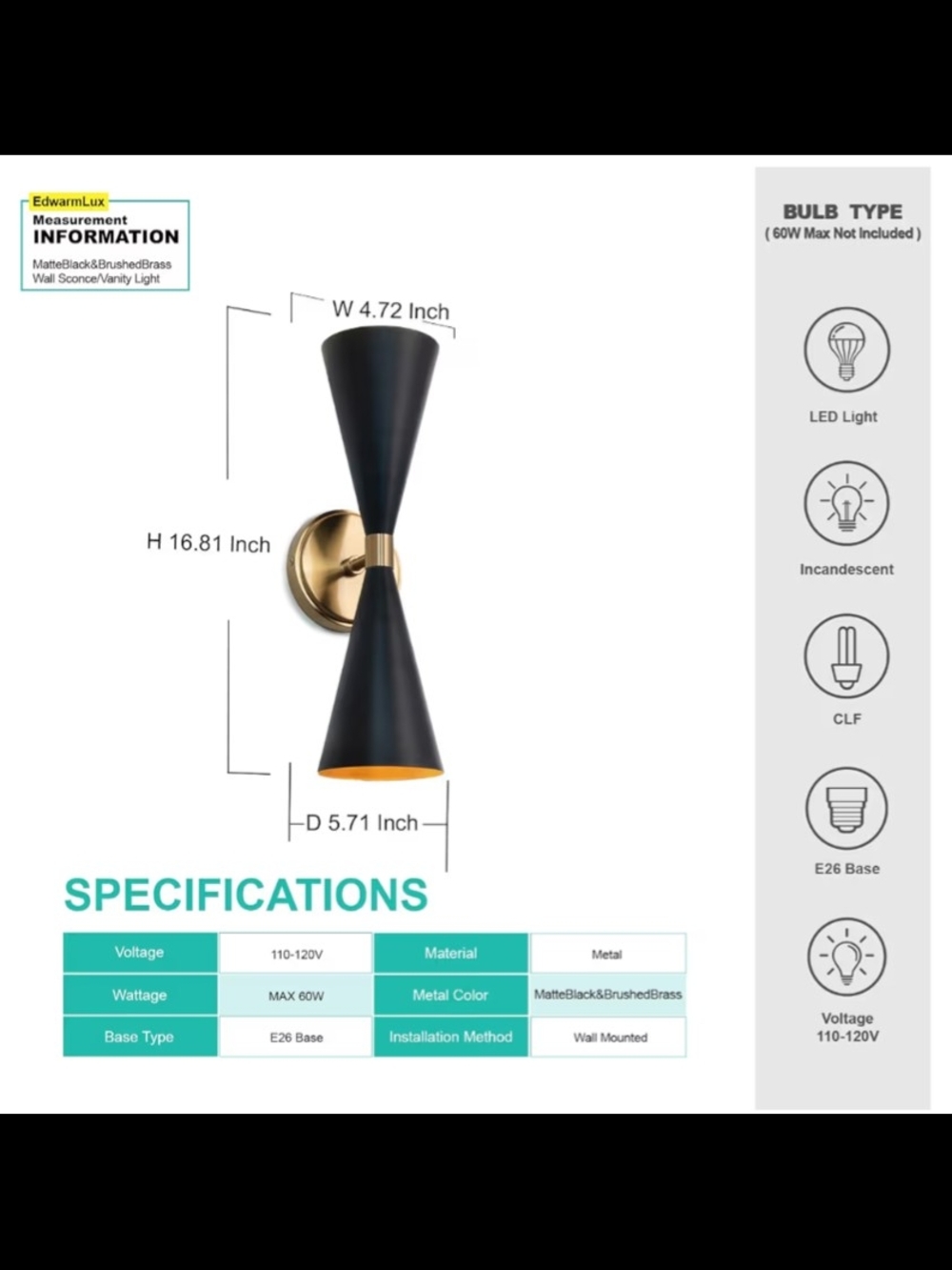 Modern And Sleek Double Cone Wall Sconces in Matte Black and Gold - Pair - Picture 6 of 8